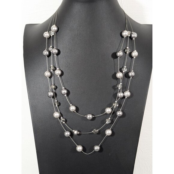 Roman Gray Faux Pearl Multi Wire Station Necklace 22" Glass Bead - Picture 1 of 8